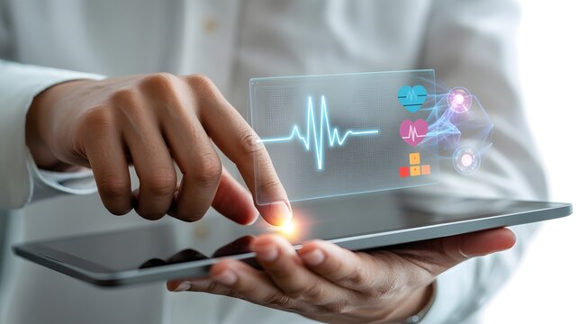 Person interacting with futuristic healthcare technology, vital signs monitoring, medical data, and heart rate on a tablet. Modern digital health, telemedicine, innovation, smart patient care conce
