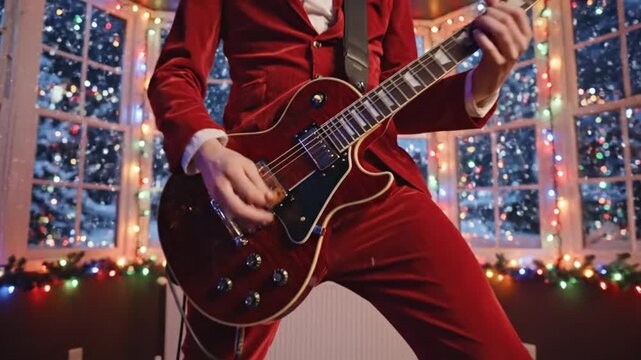 Young man in red suit playing electric guitar in festive room  