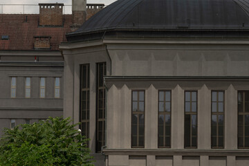 tall vertical windows on rotunda facade with strong rhythm, textured masonry and soft foliage contrast, ideal