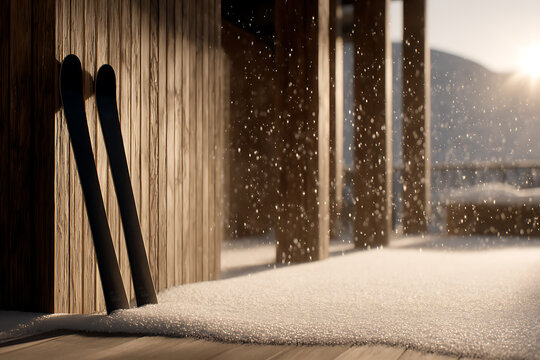 winter sports aesthetics, ski gear leaning on wooden wall outside lodge, under soft sunlight and falling snow, creating a cozy alpine vibe