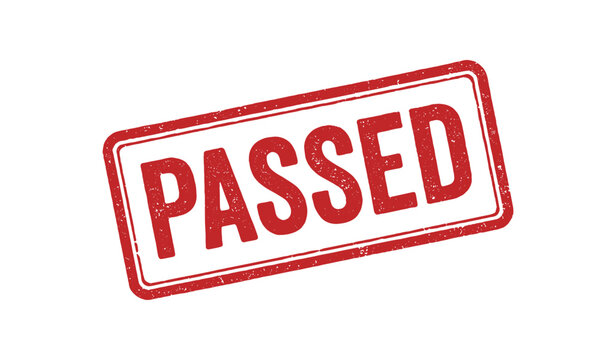 Red rubber stamp text PASSED rectangular outline bold capital letters distressed texture rotation isolated on white background vector illustration clean minimal style