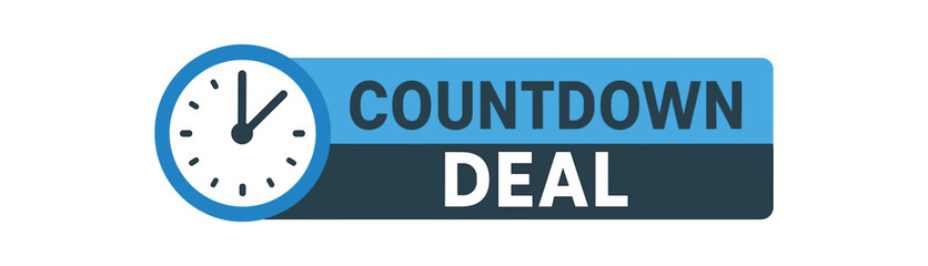 Fototapeta premium Flat vector banner design icon of clock near text COUNTDOWN DEAL blue and gray long rectangular bar