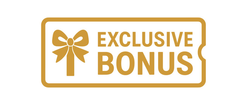 Flat vector banner design icon of gift bow near text EXCLUSIVE BONUS gold and white rectangular coupon