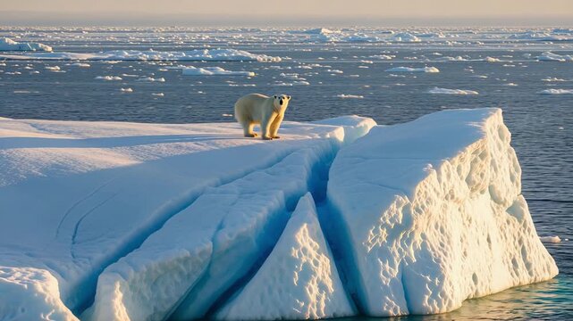 Vulnerable polar bear scans icy expanse amidst warming climate
