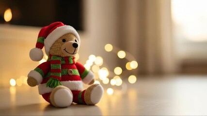 Animated knitted teddy bear in Christmas hat and striped outfit sitting on a ground with blurred holiday lights for festive ambiance video. - Powered by Adobe