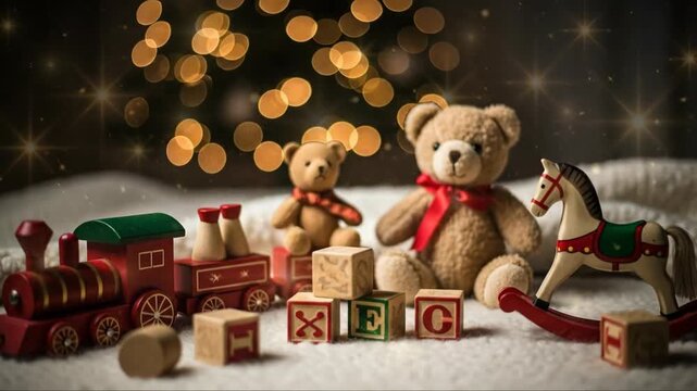 Christmas setting with plush teddy bears, wooden toy train, rocking horse, and alphabet blocks under twinkling bokeh lights for holiday