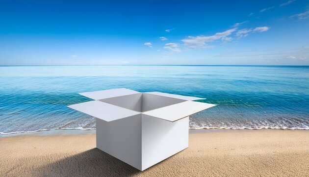 open white box on a sandy beach with a clear blue sky and calm ocean in the background gift concept
