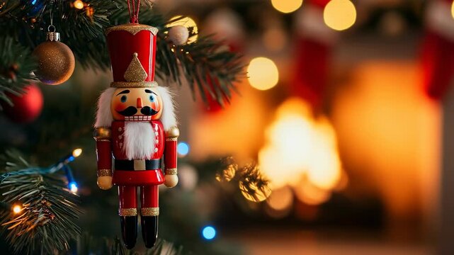 Animated nutcracker decoration on a Christmas tree with festive lights and a blurred fireplace in background for holiday celebration