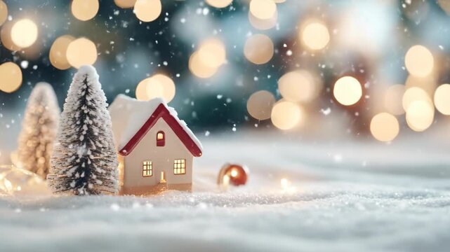 Miniature house with evergreen trees and falling snow. Christmas scene with bokeh lights. Winter holiday background animation.