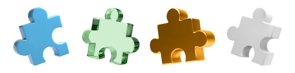 Obraz premium 3d puzzle glass, metal and plastic elements on white bg. Isometric jigsaw solves technology problem. Business partnership concept. Vector abstract pieces fit together Creative 4 match parts logic game