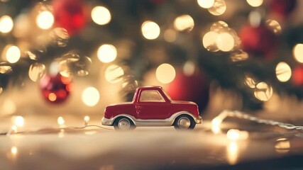 Red toy truck moving across a surface with Christmas lights and ornaments bokeh. Holiday season background with festive decor. - Powered by Adobe