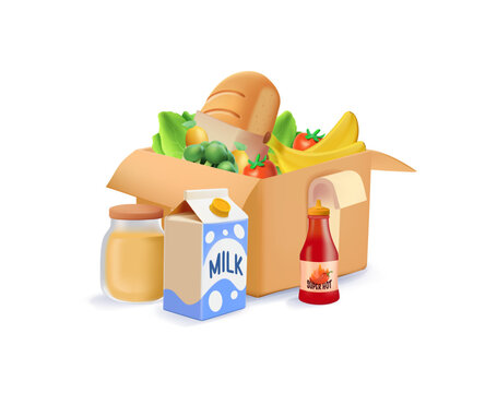 Food drive charity concept. Box with natural and organic products. Online shopping and fast delivery, transportation. Charitable donaton of eating. Care and support. 3D render vector illustration