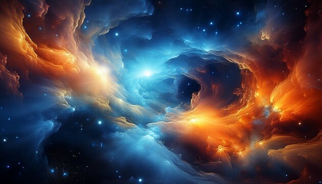 vibrant blue and orange nebula with glowing stars in deep space