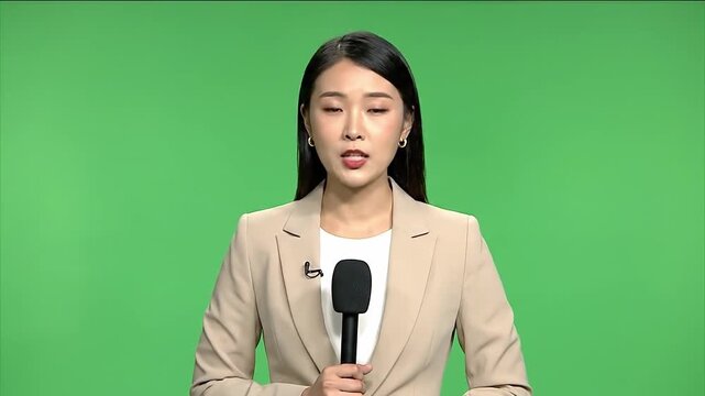 Asian woman journalist speaking. Female news anchor holding microphone. Green screen background. News presenter in beige blazer. Professional TV host. Media personality. Broadcasting setup.