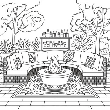 Outdoor Patio Lounge Firepit Line Art Illustration coloring page 
