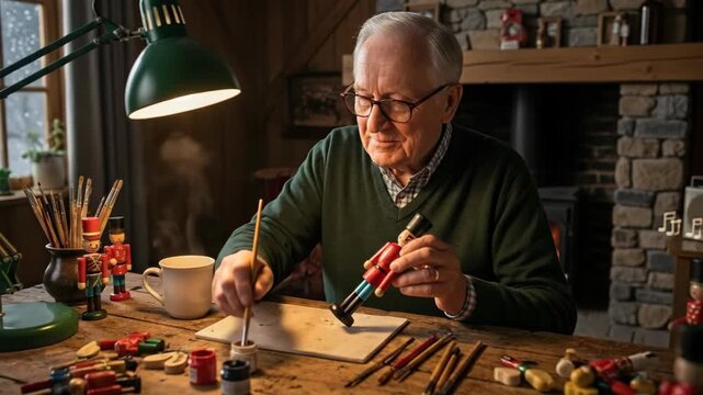 Senior man painting nutcracker toy with brush at his cozy home workstation. Christmas holiday craft activity for adults.
