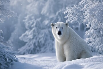 winter landscape with snow-covered trees and a majestic polar bear in the center, creating an enchanting atmosphere for christmas or new year cards