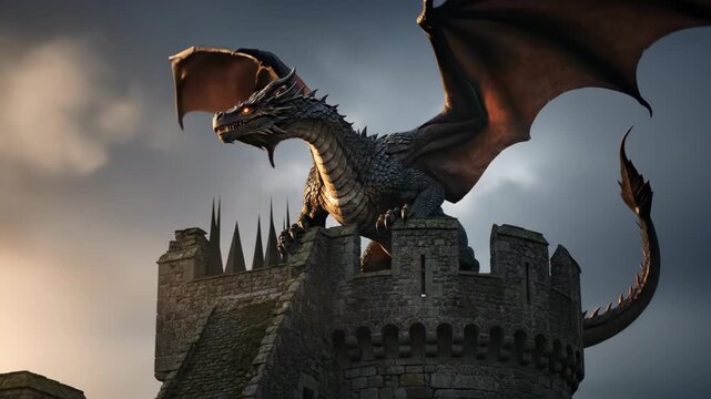 Majestic dragon on castle preparing to take flight and breathing fire into the sky at dusk for fantasy legend or medieval story