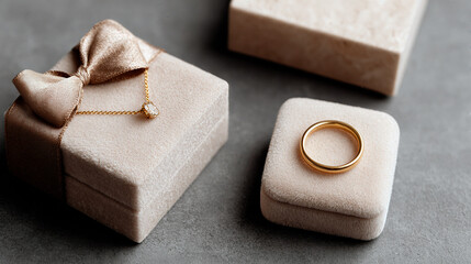 modern jewelry box with ladies modern jewelry. Gold ring and necklace