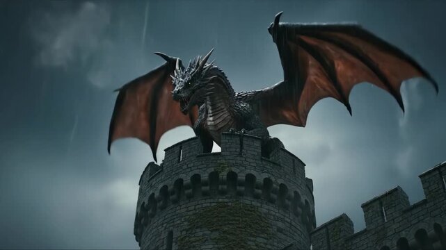 Animated dragon on a castle tower breathing smoke during a thunderstorm with lightning. Fantasy creature for adventure concept.