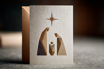 Modern minimalist nativity scene christmas card, art of holy family with star above, contemporary religious design, faith-based holiday card