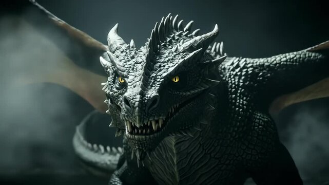 Animated dark dragon with yellow eyes on a dramatic smoky background with open mouth showing teeth close up