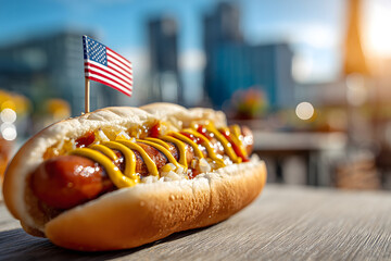 Classic American Hot Dog: Condiment-Topped Street Food with US Flag