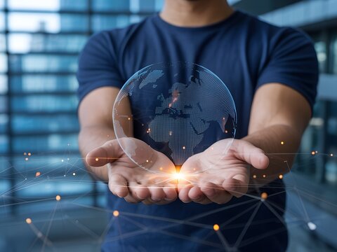 Visualize global connections with this man holding a glowing world globe in his hands, perfect for tech, innovation, and business ventures