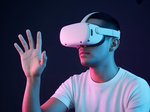 Experience the future with a young man exploring virtual reality using cutting edge VR headset technology in a vibrant neon environment