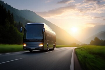 Obraz premium bus driving on the highway in a beautiful landscape at sunset, during the summer.