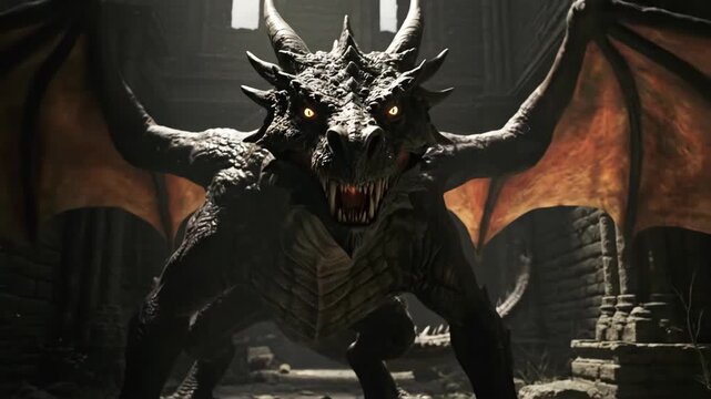 Dragon exhaling smoke, roaring, and breathing fire in a dark gothic architectural setting for fantasy animation