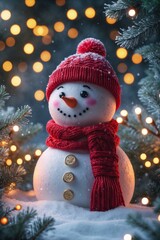 Cute snowman with knitted hat and scarf surrounded by Christmas lights in a snowy winter forest