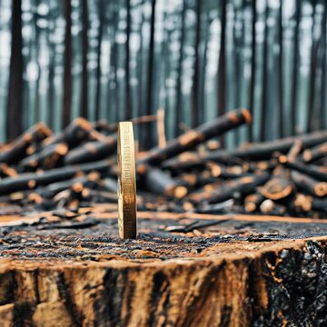 ESG-Concept, Bitcoin and Deforestation: felled tree trunks in a deforested area, indirect consequences of high energy demands leading to environmental degradation, reality of ecological harm