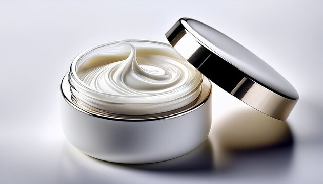 white cosmetic cream jar with open lid showing swirled texture