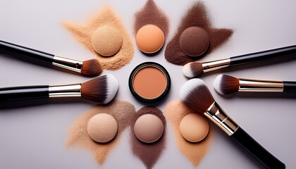 symmetrical flatlay of makeup brushes and powder swatches