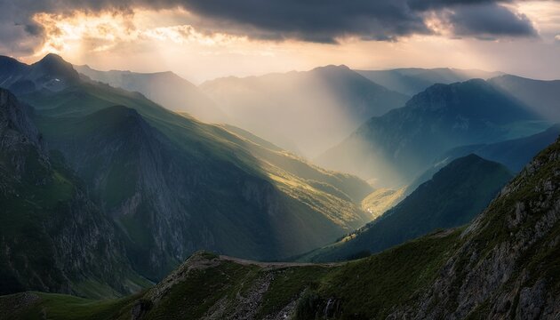 serene mountain landscape with sunlight piercing through clouds creating a tranquil atmosphere