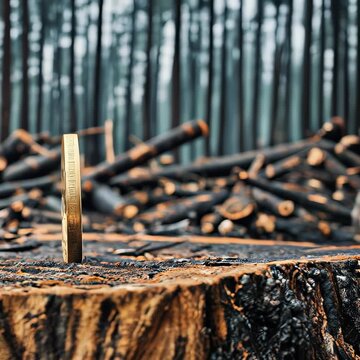 ESG-Concept, Bitcoin and Deforestation: felled tree trunks in a deforested area, indirect consequences of high energy demands leading to environmental degradation, reality of ecological harm