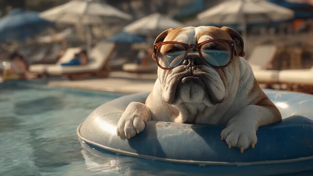 Charming scene of tranquil bulldog floating in sunny resort pool