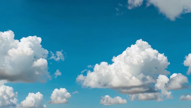 4K timelapse of fluffy white cumulus clouds drifting across a bright blue summer sky capturing dynamic cloudscapes atmospheric motion and serene nature backgrounds for professional stock footage