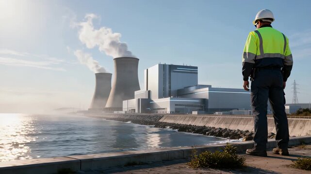 Individual conducts routine evaluation at coastal nuclear energy