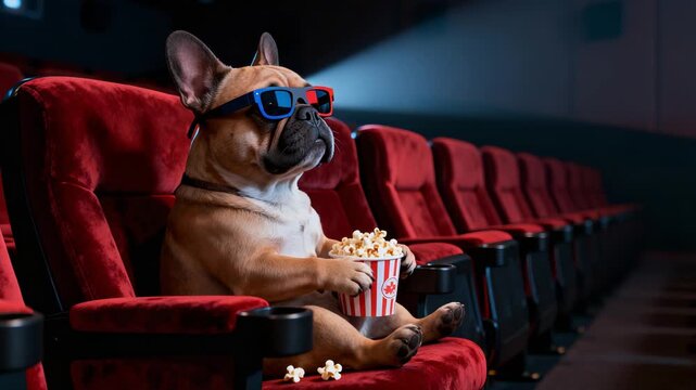 Charming French bulldog in vibrant cinema setting with popcorn