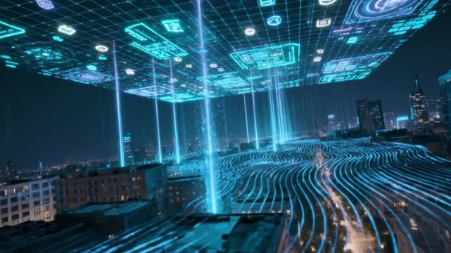 A smart city at night with glowing blue data streams flowing through streets from a digital sky