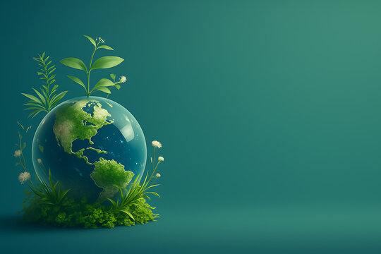 Glass globe with green continents surrounded by grass and plants on green background, symbolizing ecology and sustainability