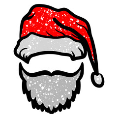 Santa Claus hat and beard with grunge textured colors. Hand drawn Santa Claus and beard.