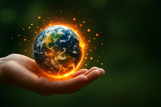 Human hand holding glowing earth with fiery particles on dark background, symbolizing global responsibility