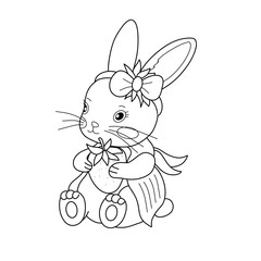 Adorable bunny character with bow sitting, holding strawberry. Sweet black and white line art illustration for kids, nursery decor. Whimsical vector animal for storybooks and educational materials