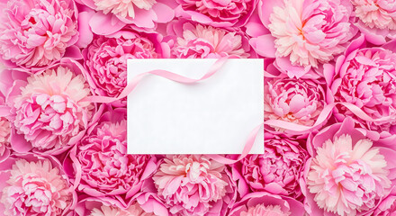 Beautiful pink peony flowers with blank card and ribbon for a floral design