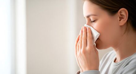 Woman using a tissue to blow her nose, suffering from a cold or allergies