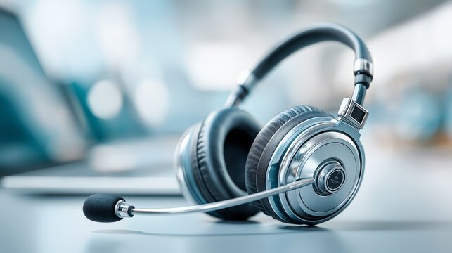 Professional communication headset with microphone resting on a glossy desk in a bright modern office environment for customer support teams, Generative AI
