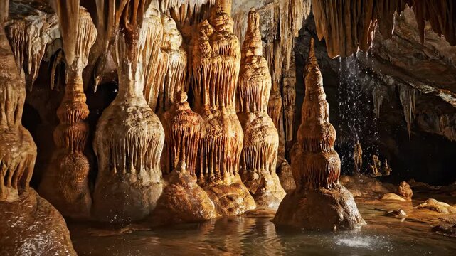 Underground limestone cavern with a natural waterfall cascading over a rocky landscape featuring immense stalactites and stalagmites